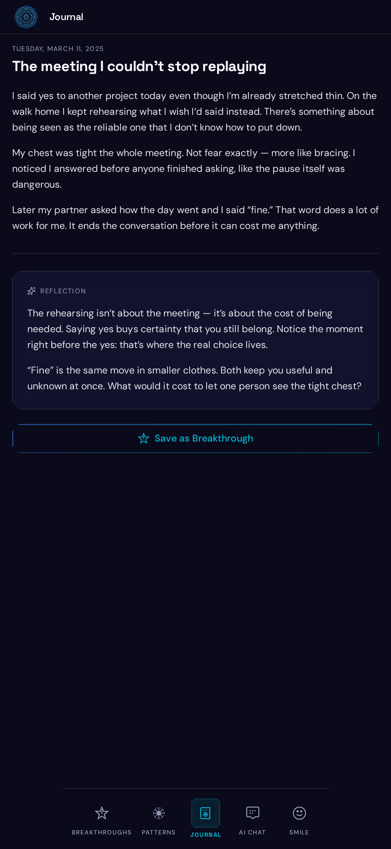 RevelKey journal entry screen with AI analysis