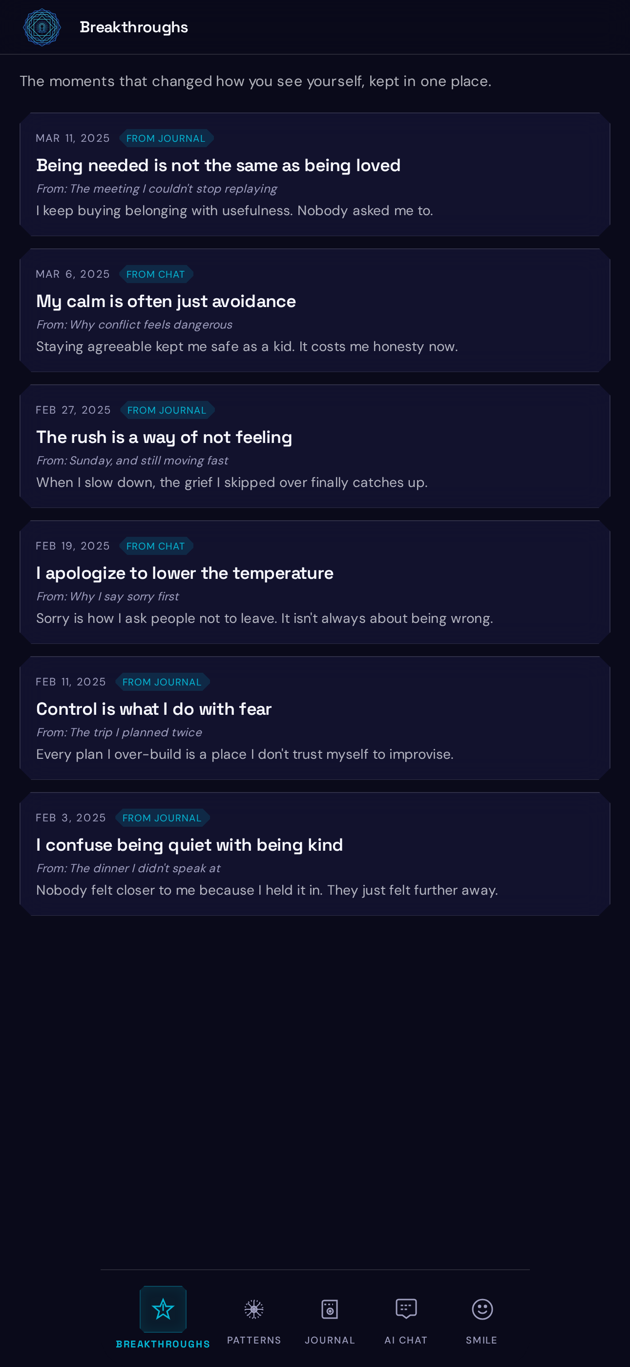 RevelKey breakthroughs list screen